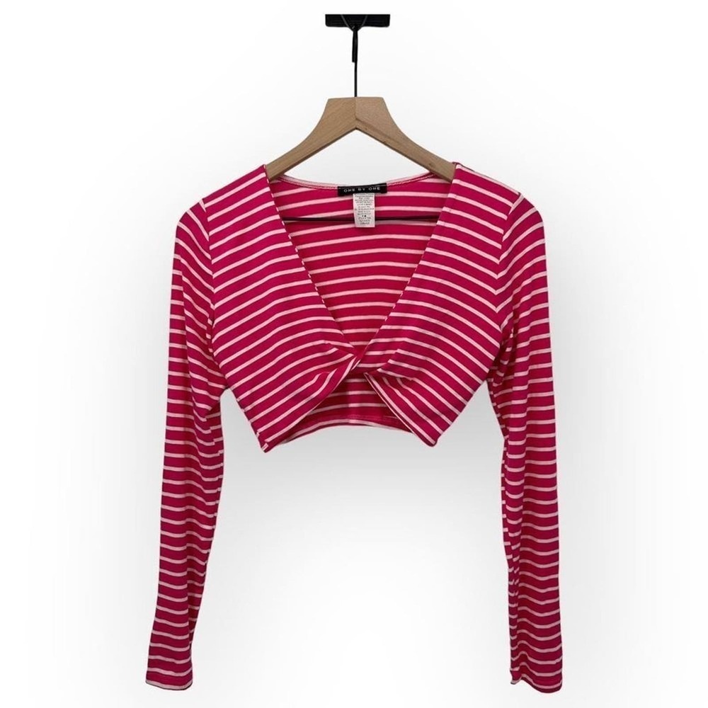 Dolls Kill One By One Pink and White Striped Twist-Front Crop Top